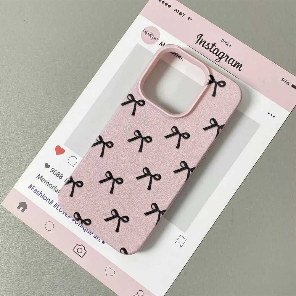 Black Bowknot Print Phone Case For iPhone 16 15 14 13 12 11 Pro Max 16 Pro Korea Girl CoverSilicone Soft Cover