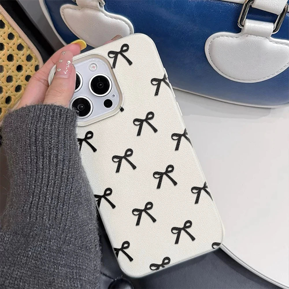 Black Bowknot Print Phone Case For iPhone 16 15 14 13 12 11 Pro Max 16 Pro Korea Girl CoverSilicone Soft Cover