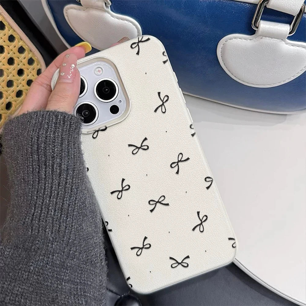 Black Bowknot Print Phone Case For iPhone 16 15 14 13 12 11 Pro Max 16 Pro Korea Girl CoverSilicone Soft Cover