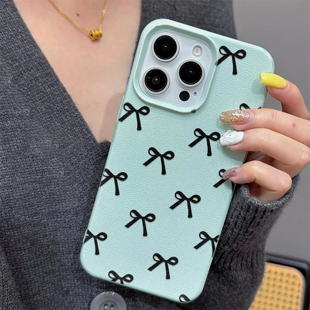 Black Bowknot Print Phone Case For iPhone 16 15 14 13 12 11 Pro Max 16 Pro Korea Girl CoverSilicone Soft Cover
