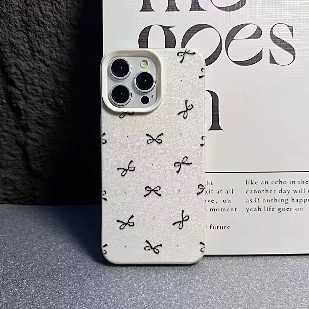 Black Bowknot Print Phone Case For iPhone 16 15 14 13 12 11 Pro Max 16 Pro Korea Girl CoverSilicone Soft Cover