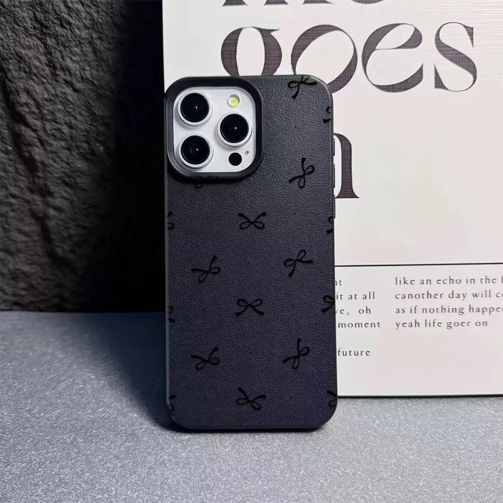 Black Bowknot Print Phone Case For iPhone 16 15 14 13 12 11 Pro Max 16 Pro Korea Girl CoverSilicone Soft Cover