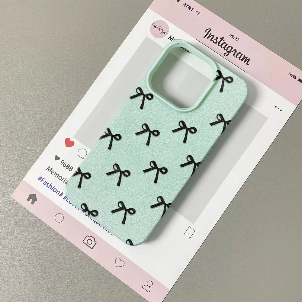 Black Bowknot Print Phone Case For iPhone 16 15 14 13 12 11 Pro Max 16 Pro Korea Girl CoverSilicone Soft Cover