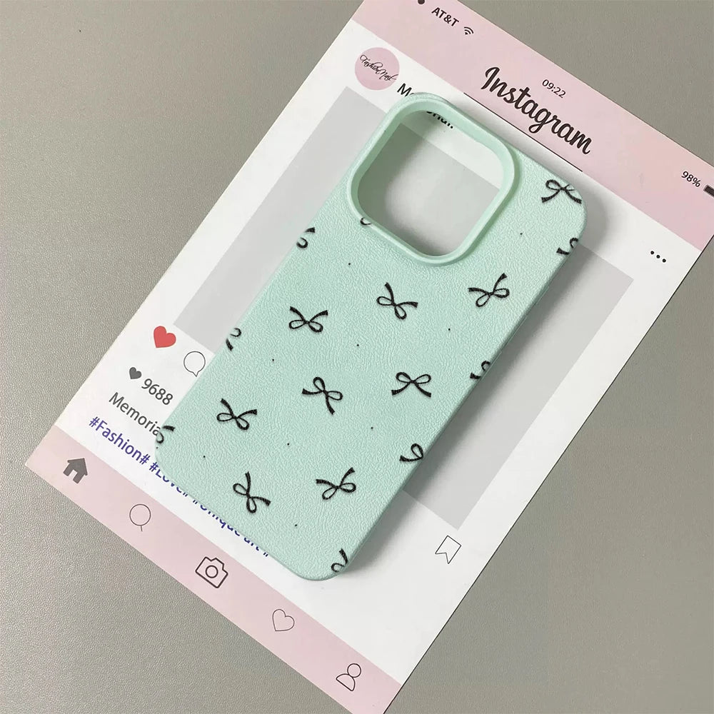 Black Bowknot Print Phone Case For iPhone 16 15 14 13 12 11 Pro Max 16 Pro Korea Girl CoverSilicone Soft Cover