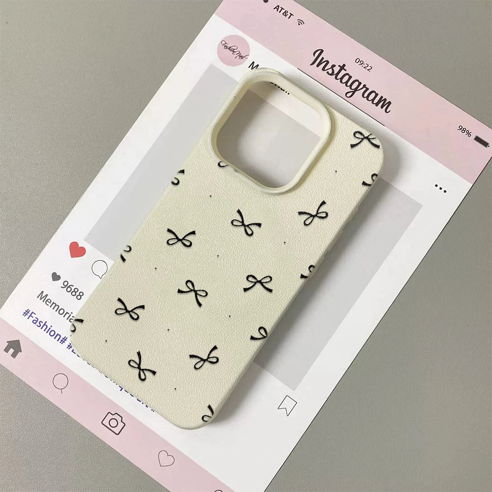 Black Bowknot Print Phone Case For iPhone 16 15 14 13 12 11 Pro Max 16 Pro Korea Girl CoverSilicone Soft Cover