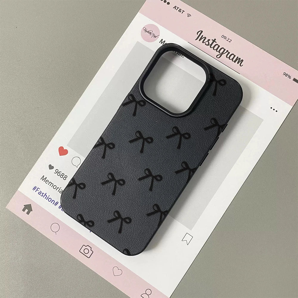 Black Bowknot Print Phone Case For iPhone 16 15 14 13 12 11 Pro Max 16 Pro Korea Girl CoverSilicone Soft Cover