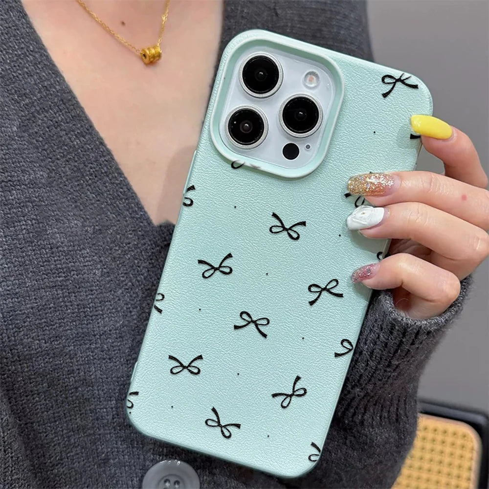 Black Bowknot Print Phone Case For iPhone 16 15 14 13 12 11 Pro Max 16 Pro Korea Girl CoverSilicone Soft Cover