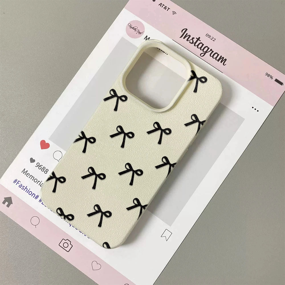 Black Bowknot Print Phone Case For iPhone 16 15 14 13 12 11 Pro Max 16 Pro Korea Girl CoverSilicone Soft Cover